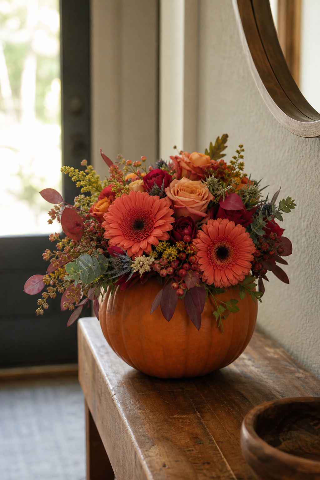 Finished pumpkin arrangement sitting in a cool shaded spot on an entry table
