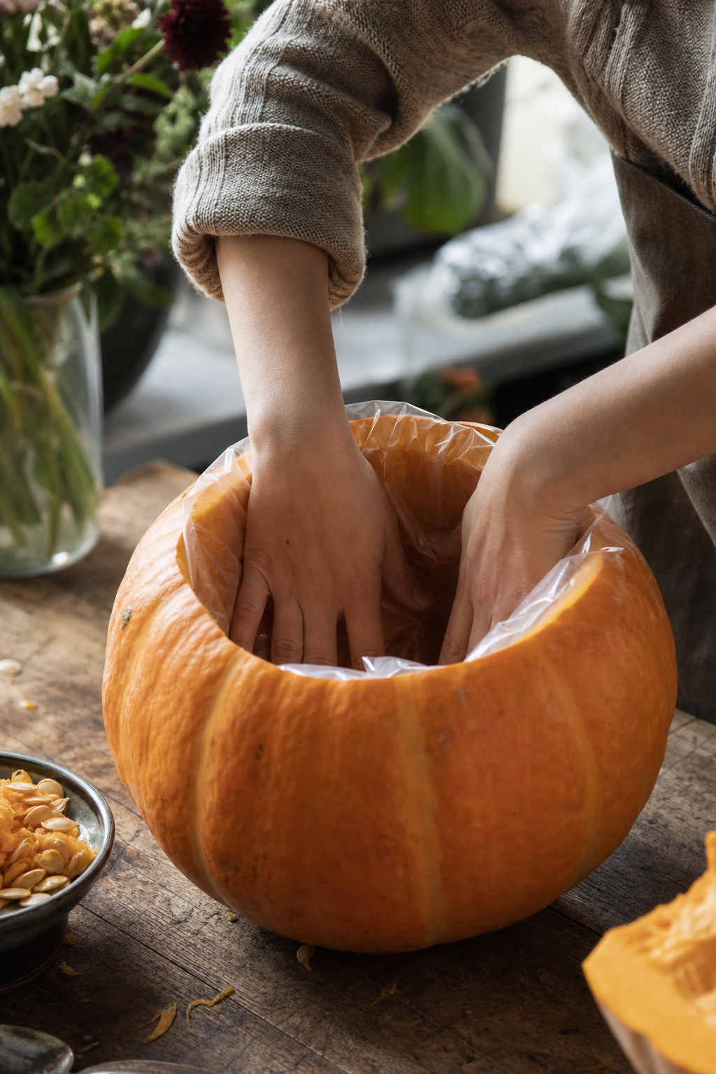 Hands fitting a clear plastic liner into a hollowed pumpkin cavity
