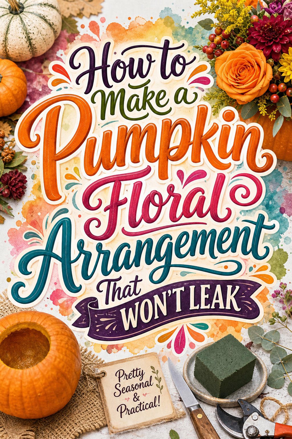 Pinterest graphic for how to make a pumpkin floral arrangement that won't leak