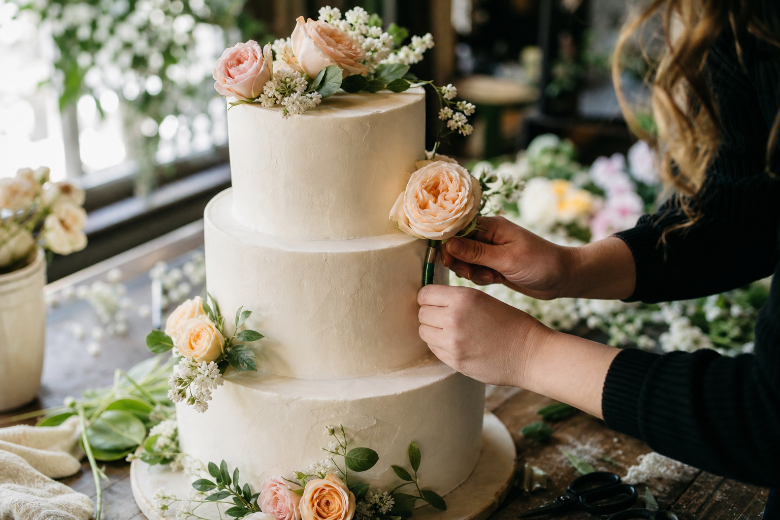 Florist styling a wedding cake with fresh flowers on a wooden worktable