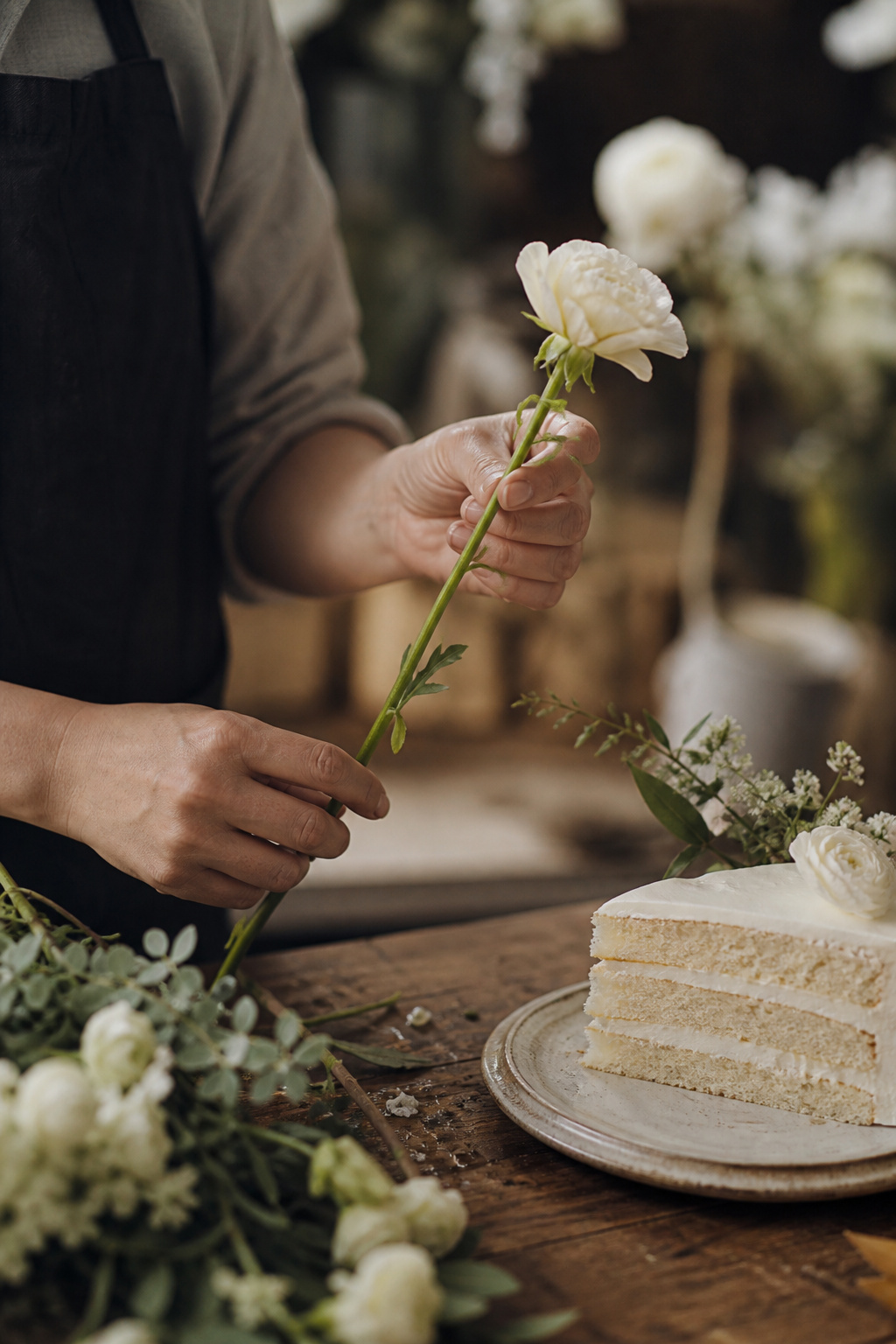 Close-up of a fresh flower stem being inspected before use near a wedding cake