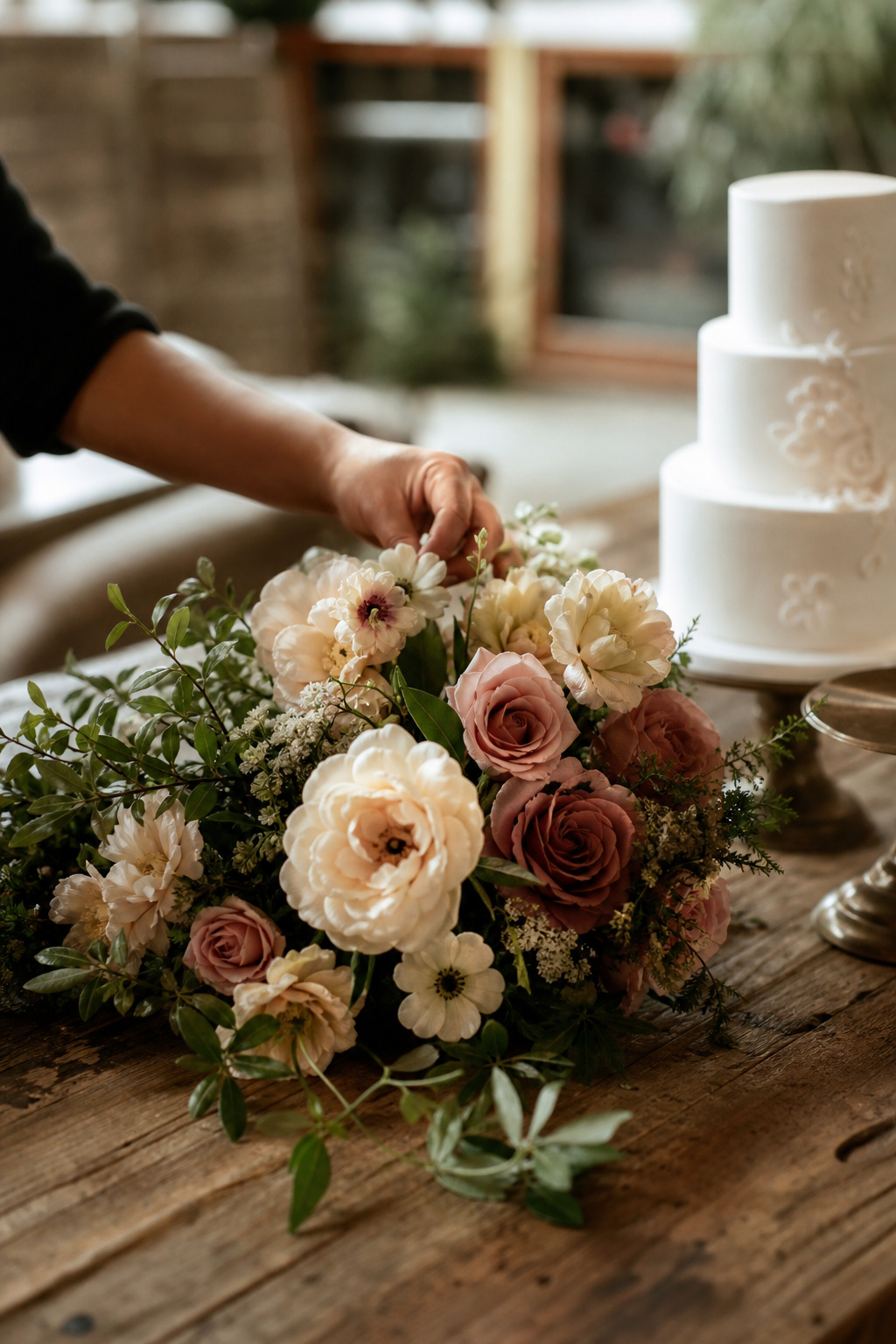 Premium silk flowers arranged next to real greenery for wedding cake styling