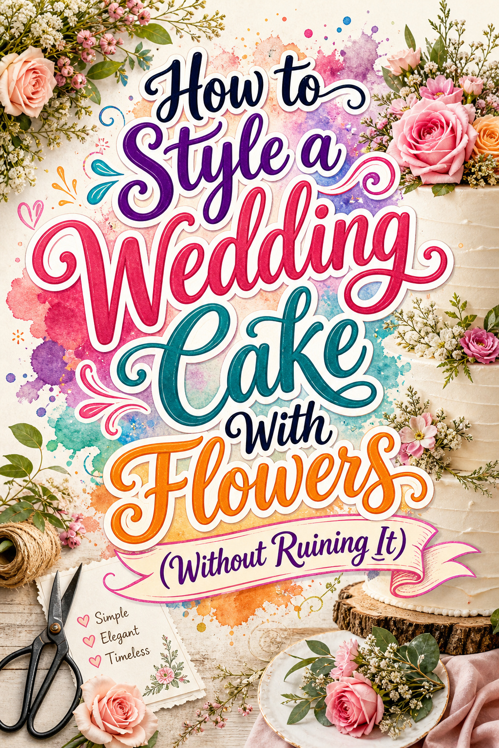 Pinterest graphic for how to style a wedding cake with flowers