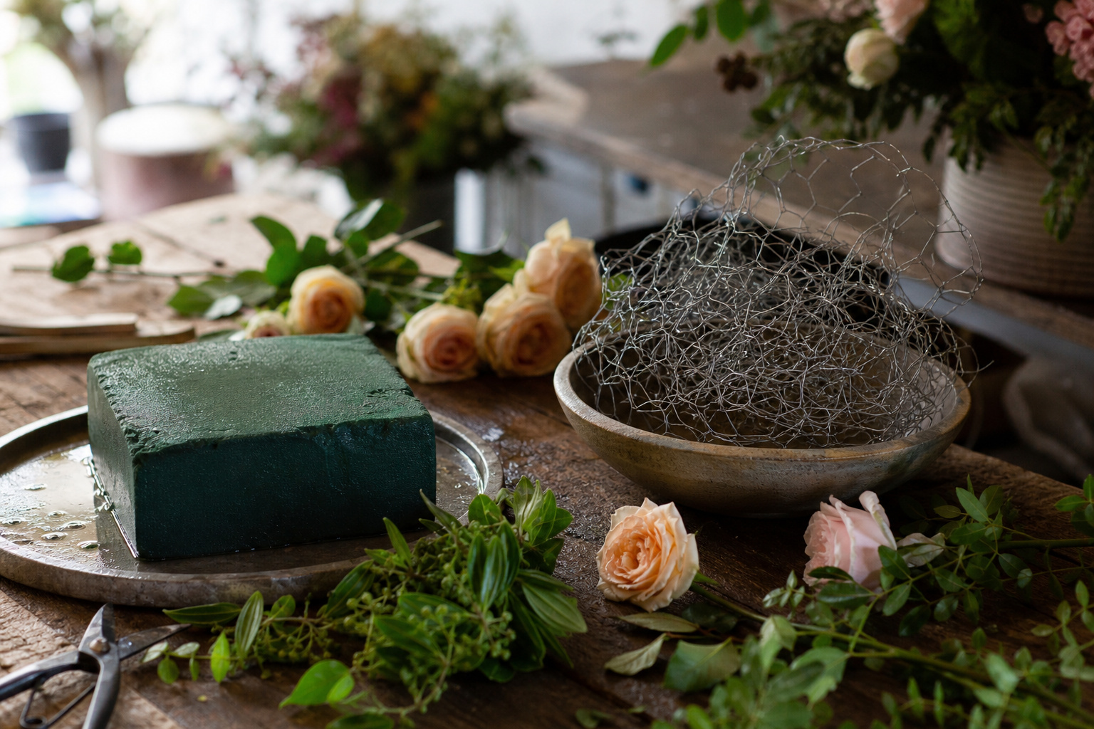 Floral foam and chicken wire side by side on a florist's worktable