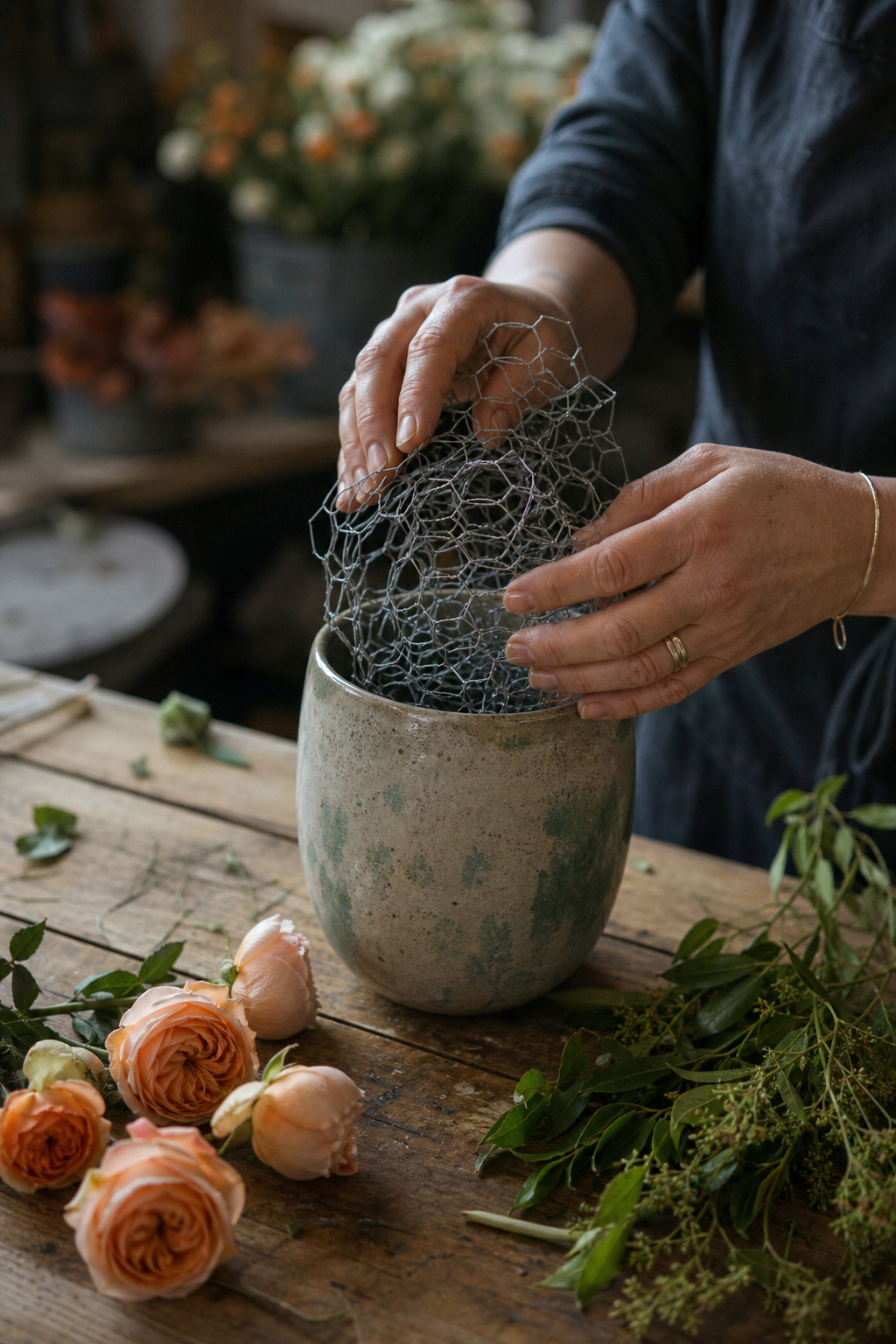 Loose ball of chicken wire being shaped inside a ceramic vase