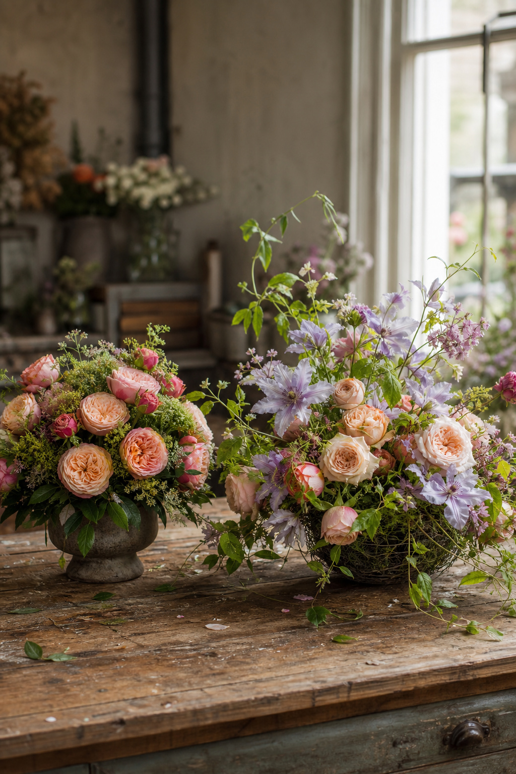 Two finished floral arrangements built on foam and wire mechanics