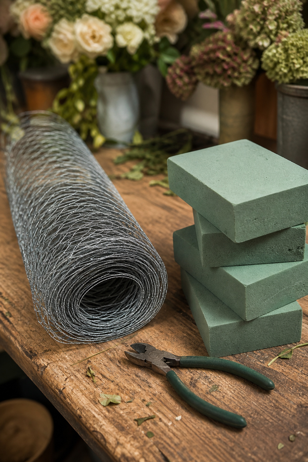Chicken wire roll, floral foam bricks, and wire cutters laid out on a worktable
