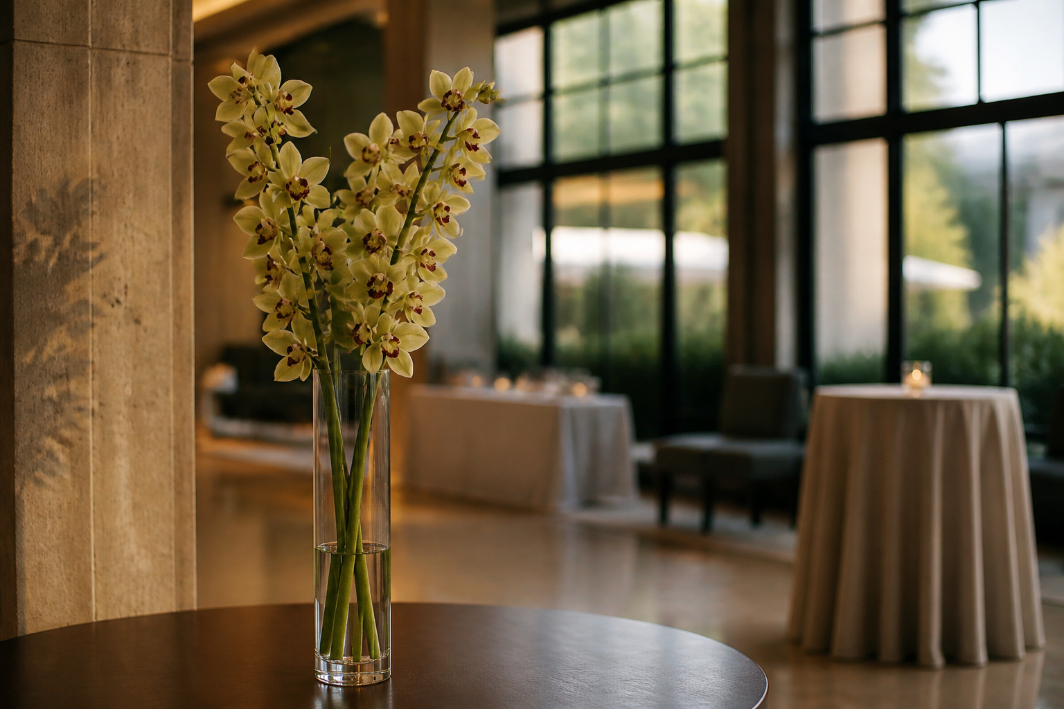 Tall glass vase with clustered cymbidium orchid sprays on an entry table