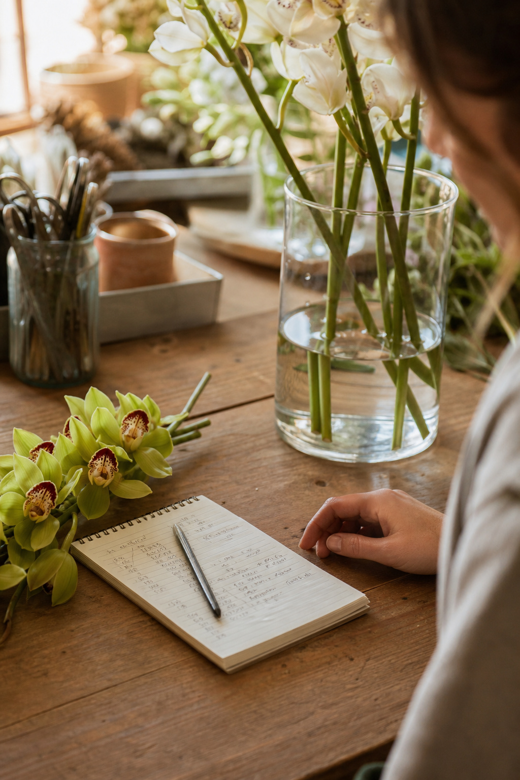 Notepad with cost figures beside cymbidium orchid stems and a glass vase