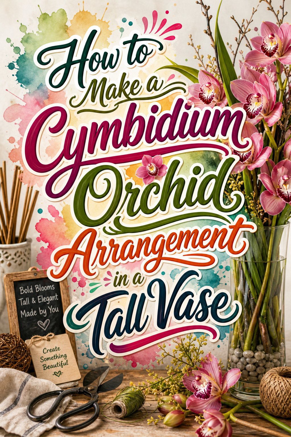 Pinterest graphic for how to make a cymbidium orchid arrangement in a tall vase