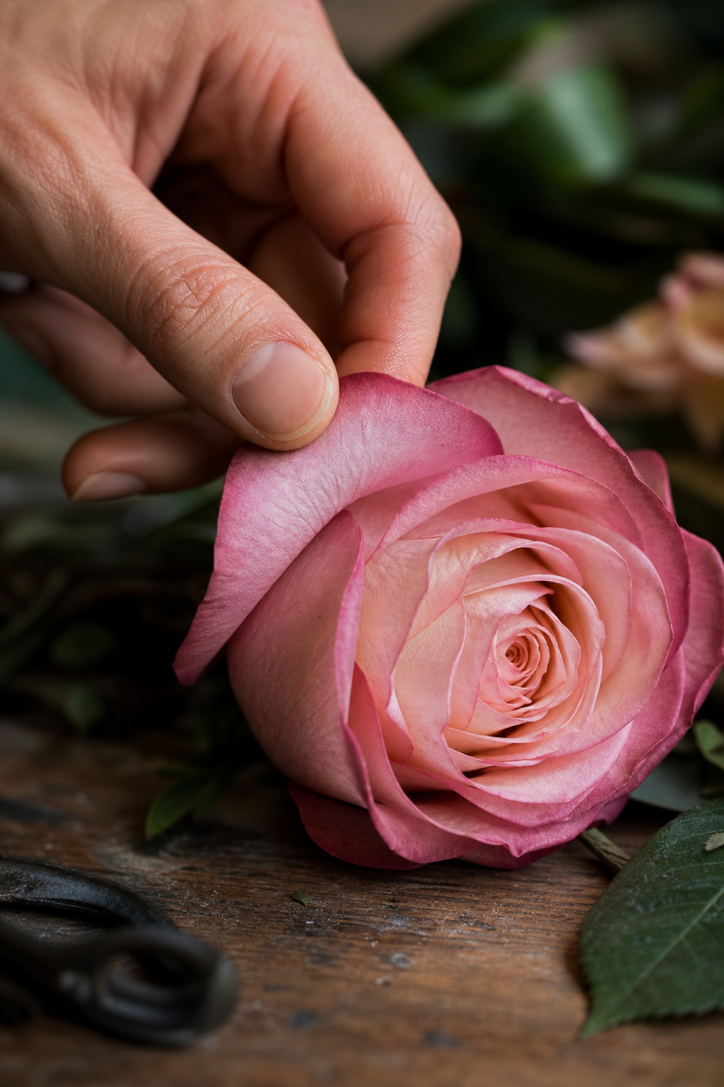 Close-up of a hand turning back a rose petal to reflex the bloom