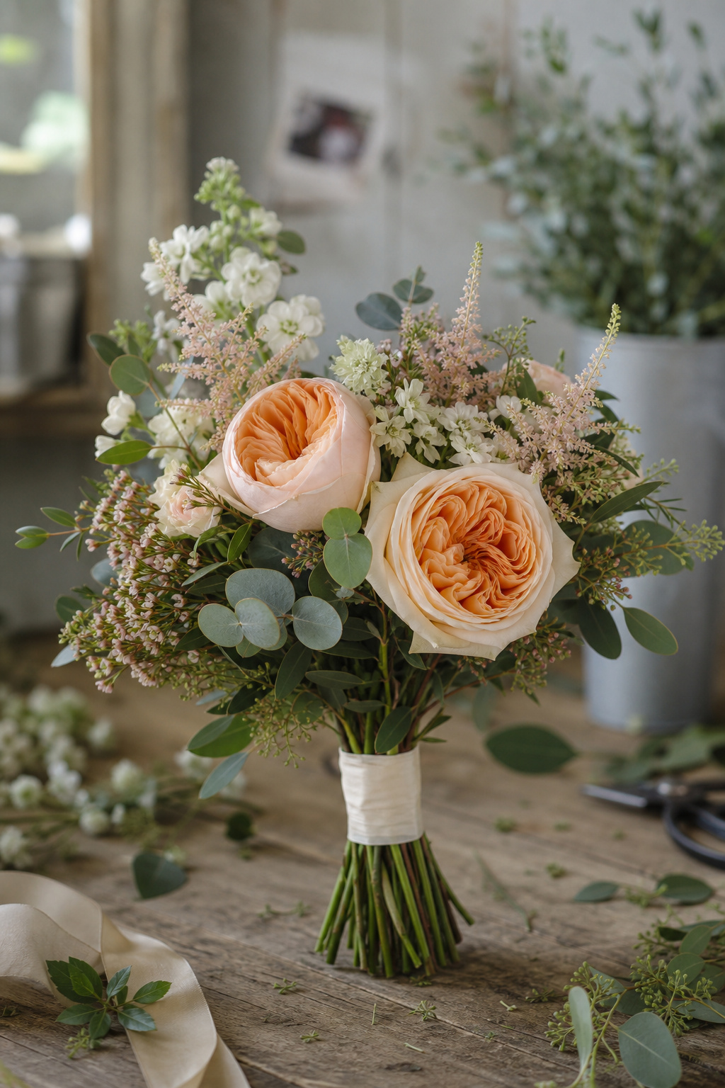 Reflexed roses used as focal flowers in a hand-tied wedding bouquet
