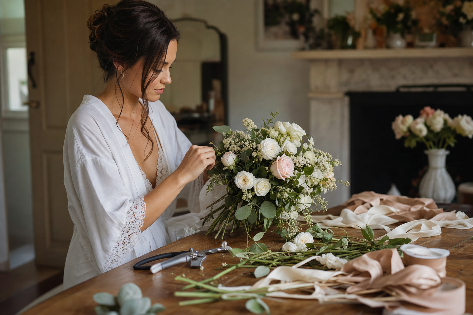 Bride arranging her own DIY wedding bouquet at home