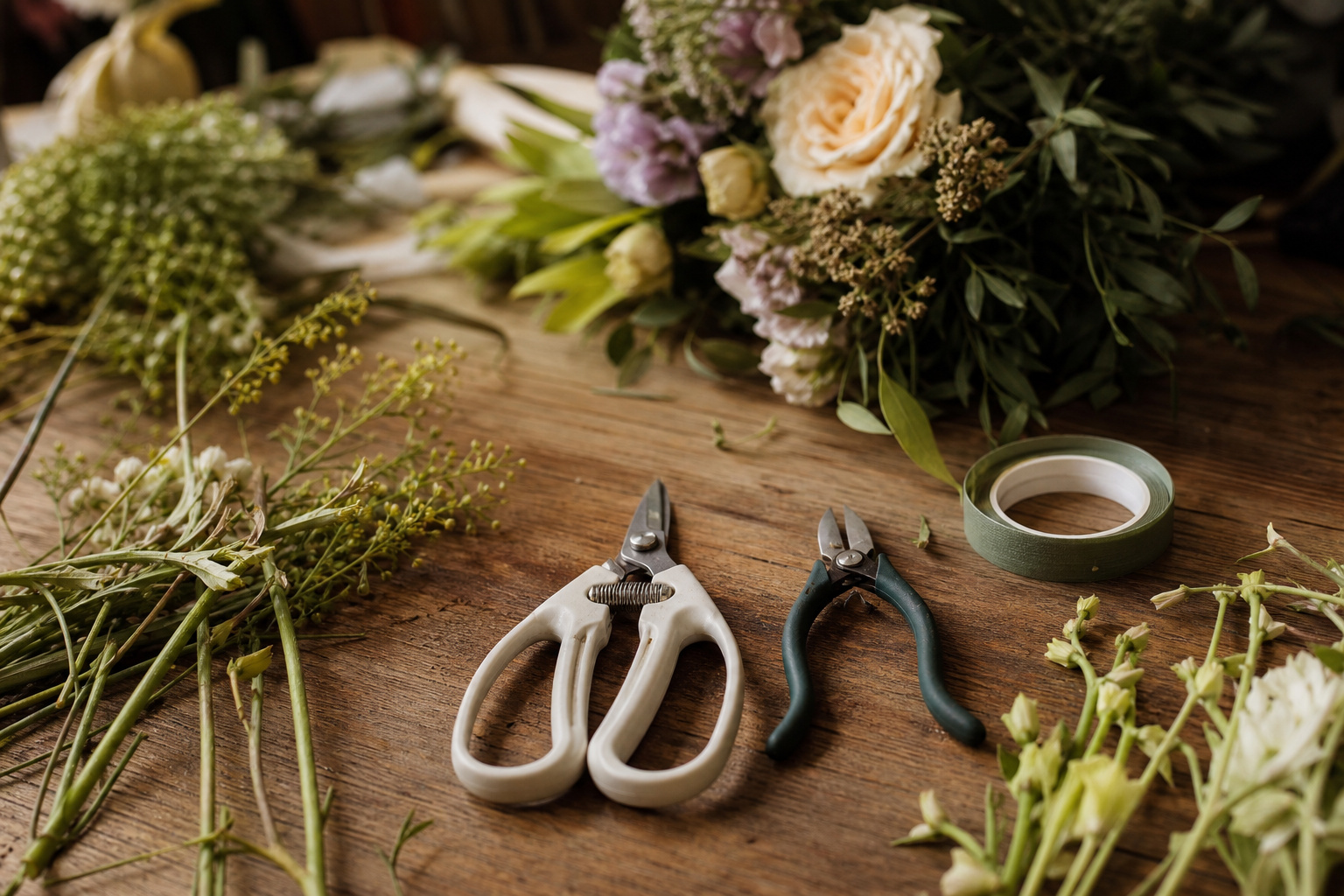 Floral shears, wire cutters, and floral tape organized in a backup kit