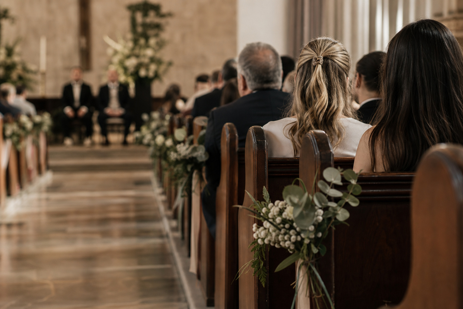 Wedding ceremony venue interior with simple floral decor