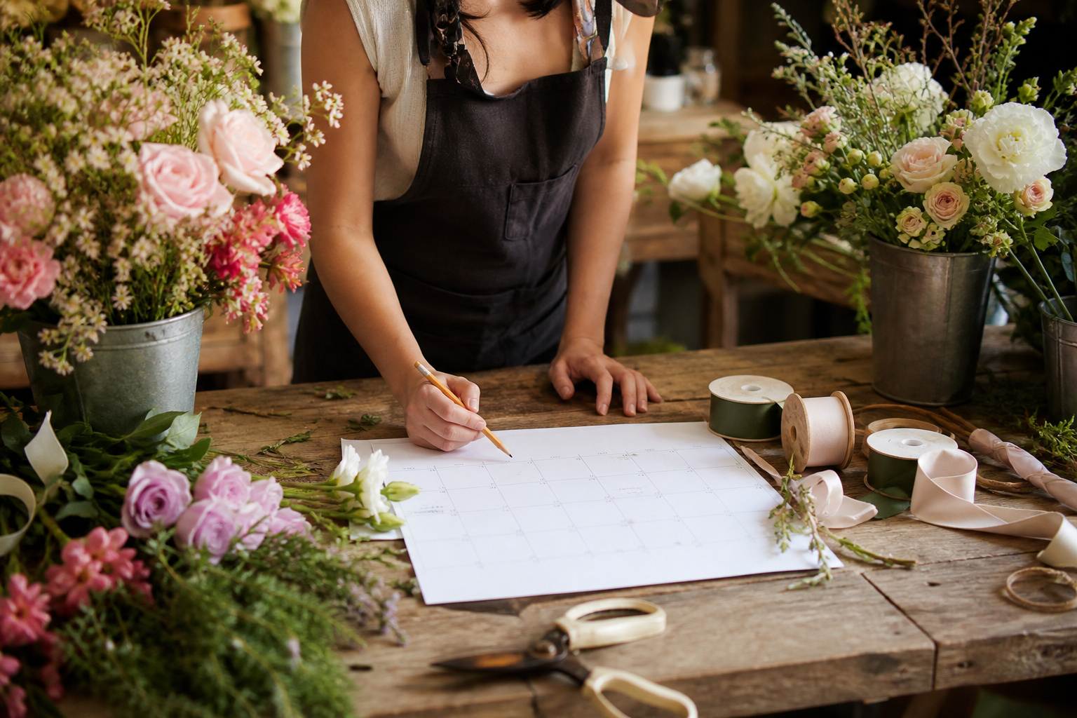 Wall calendar and wedding flower supplies laid out for planning