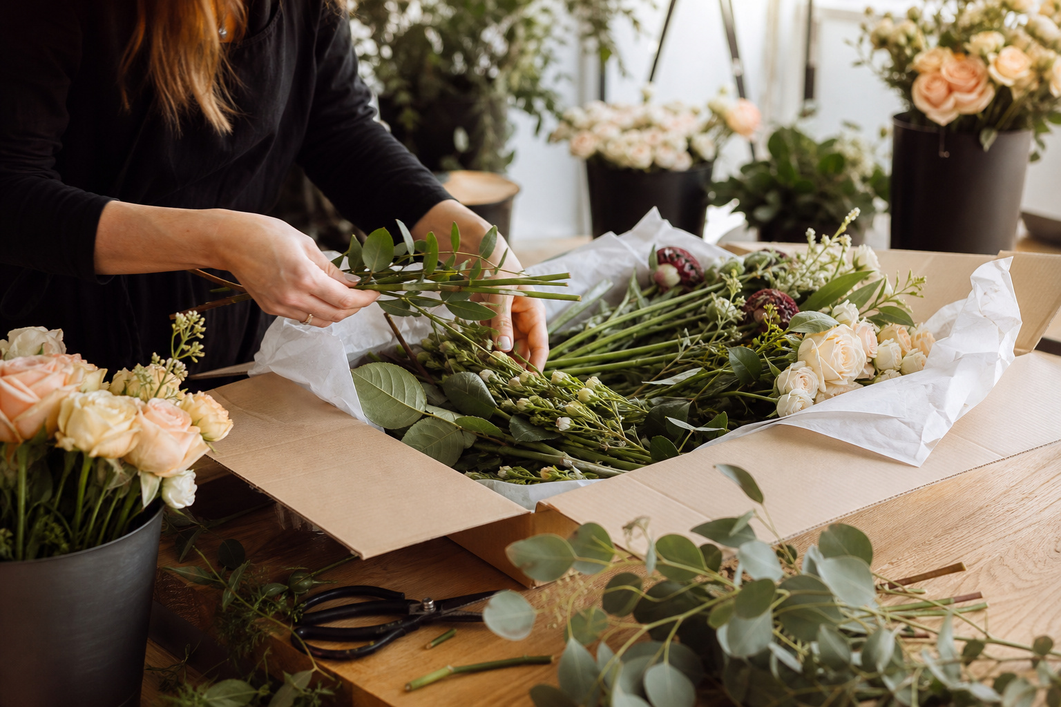 Boxes of fresh cut wedding flowers being unpacked on a home table
