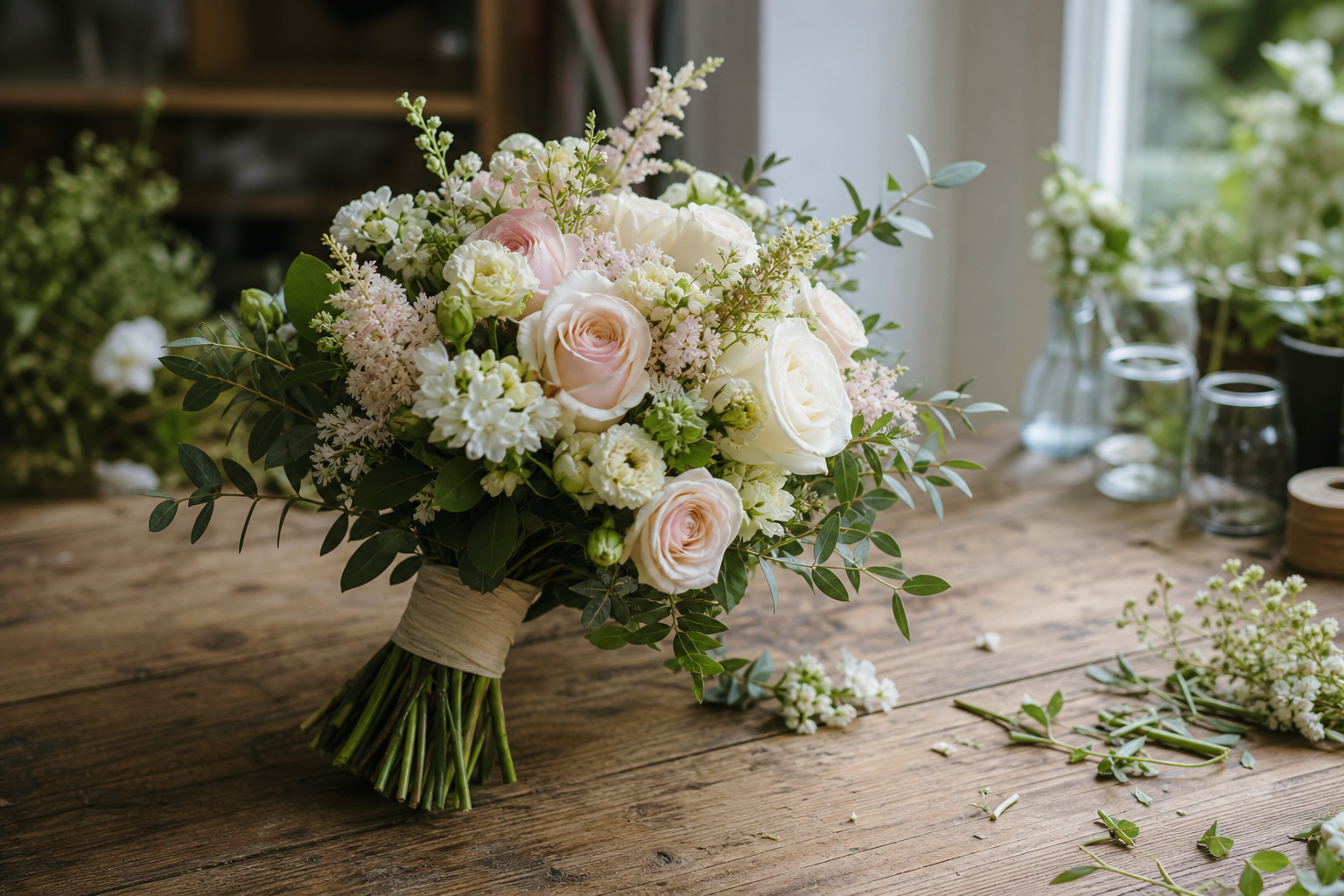 Finished DIY bridal bouquet resting on a wooden worktable
