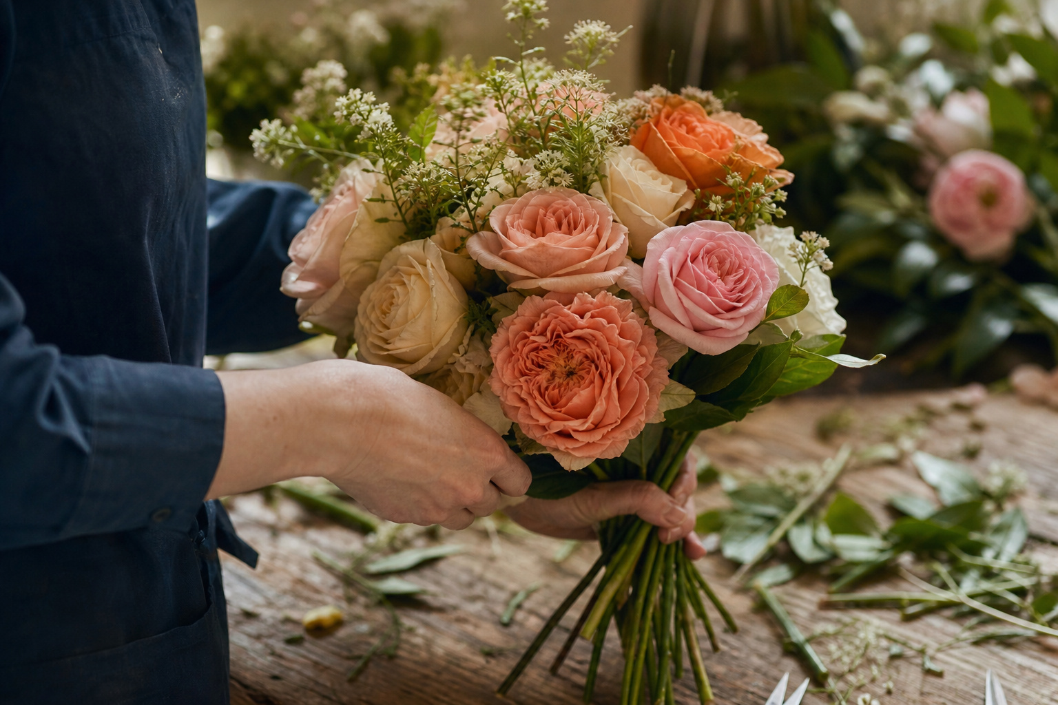Hands practicing a hand-tied bouquet with garden roses on a worktable