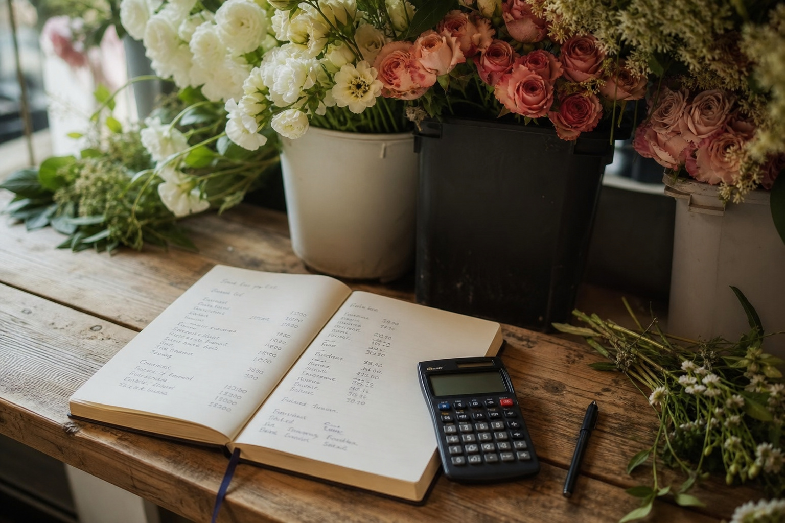 Notebook with wedding flower budget notes next to fresh blooms