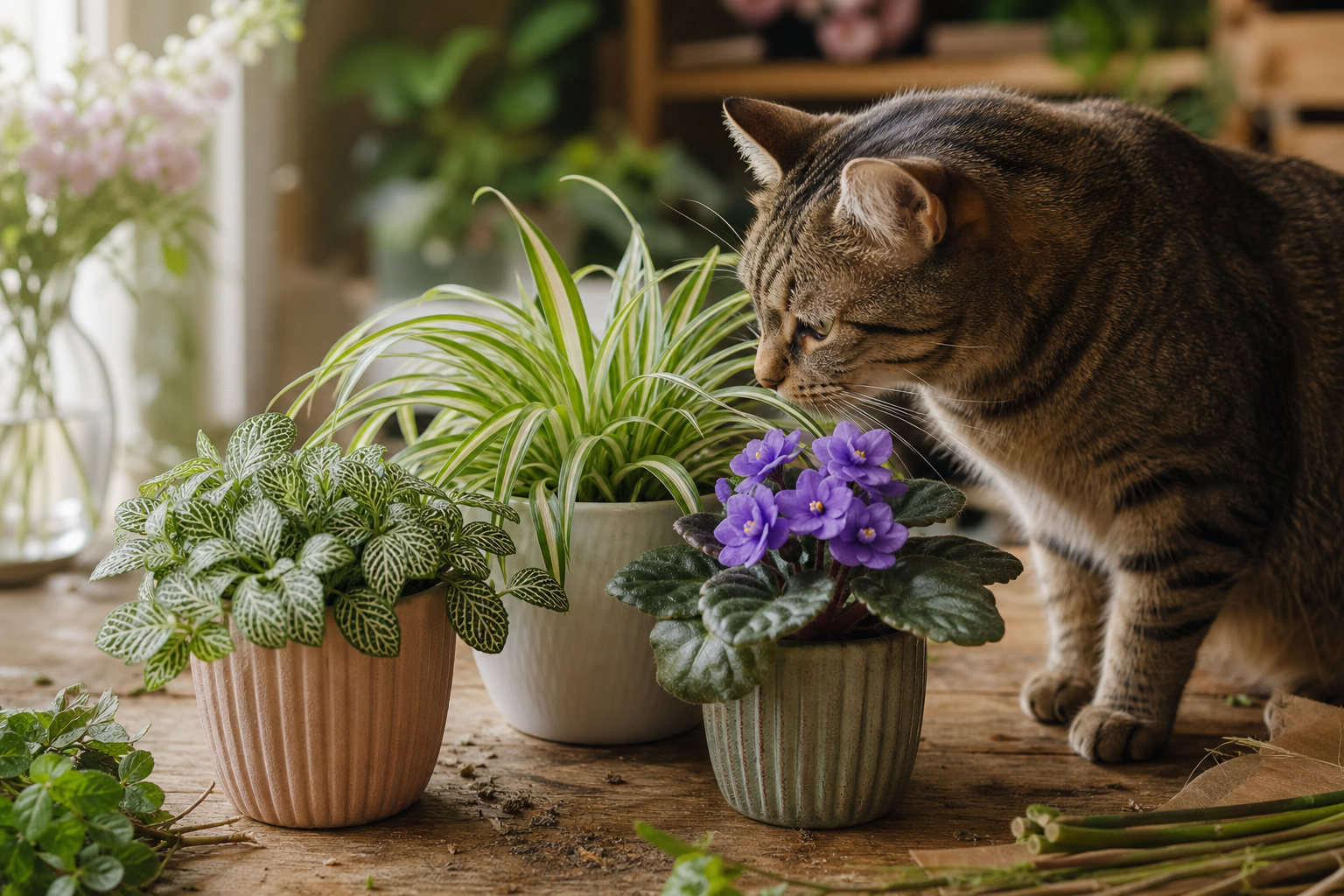Pet-safe houseplants grouped on a florist's worktable with a curious cat nearby