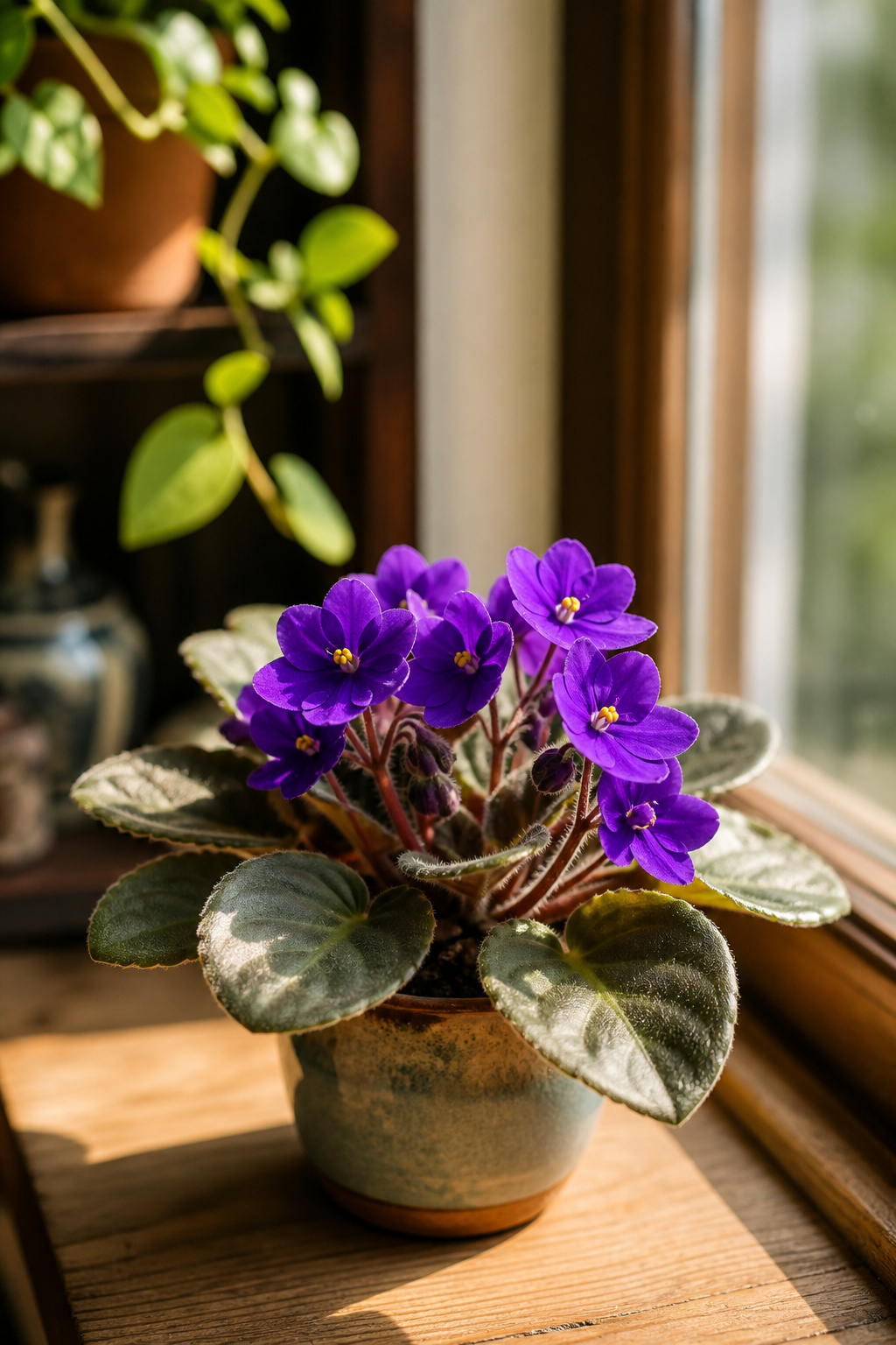 Purple African violets blooming on a sunny windowsill