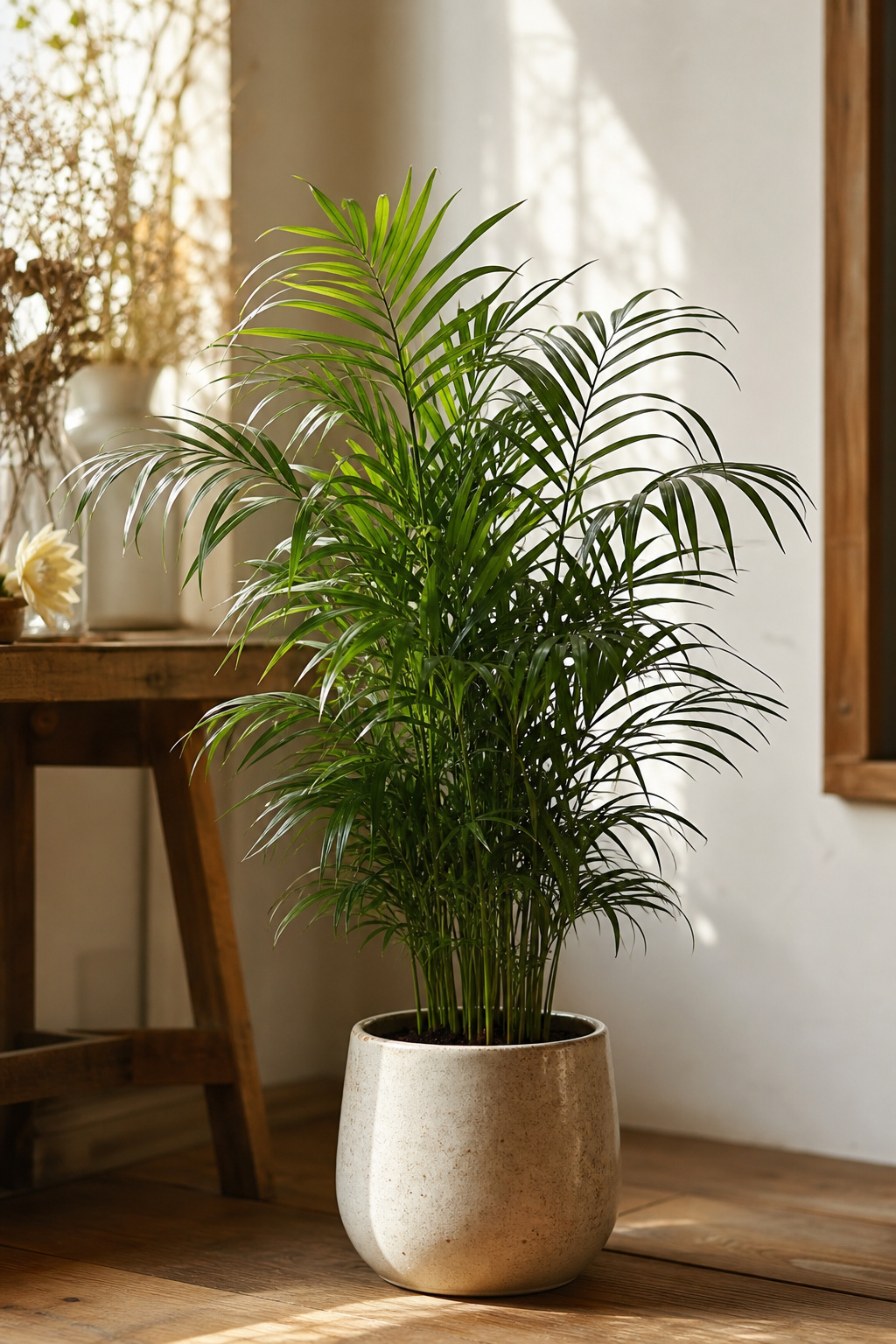 Compact parlor palm in a ceramic pot in a home corner
