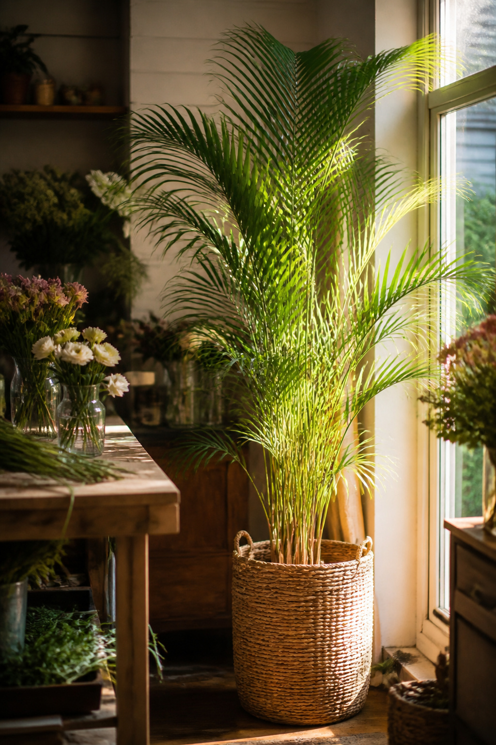 Tall areca palm in a floor planter beside a sunny window