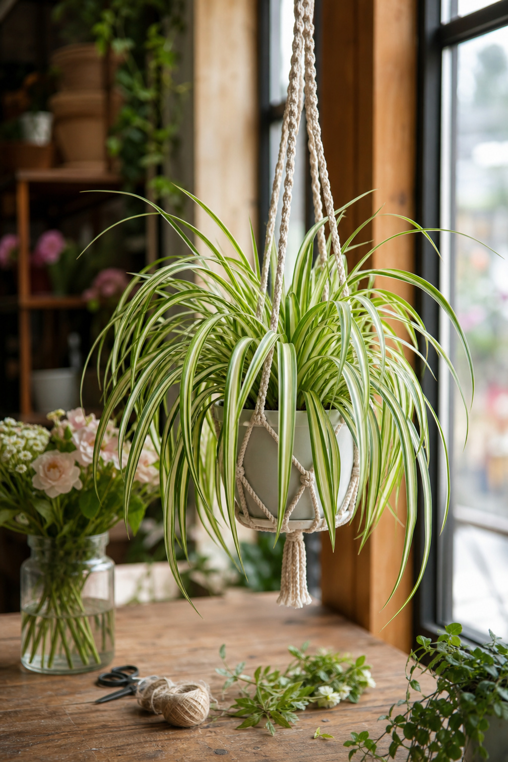 Variegated spider plant with arching leaves in a hanging planter