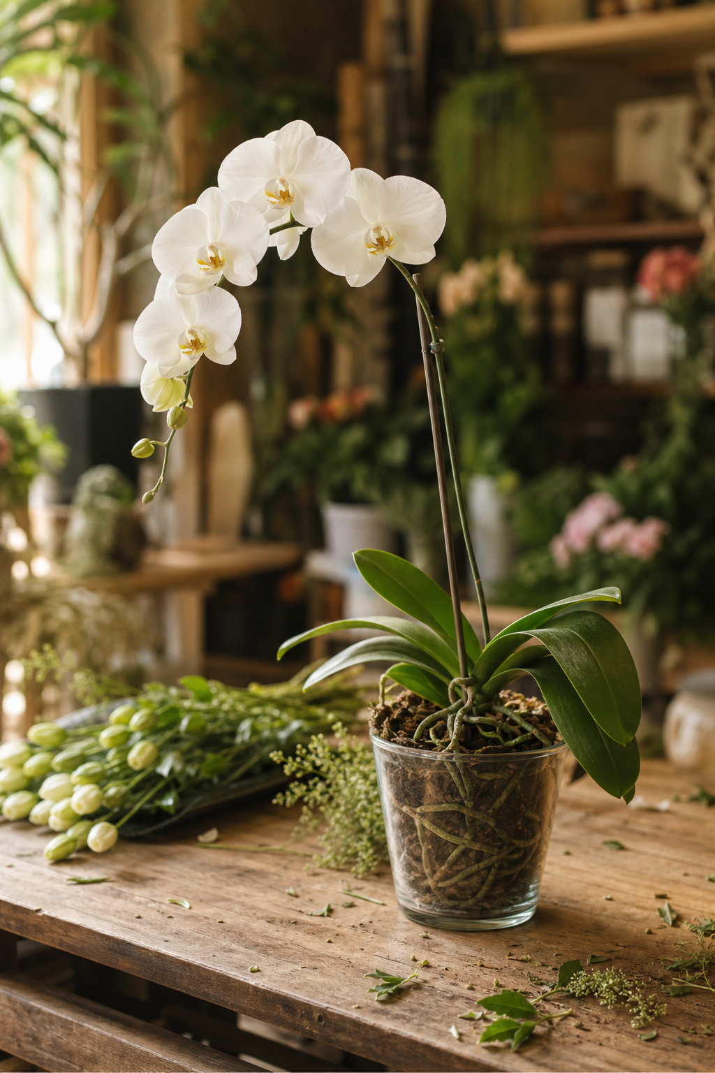 White moth orchid blooms on a florist's worktable