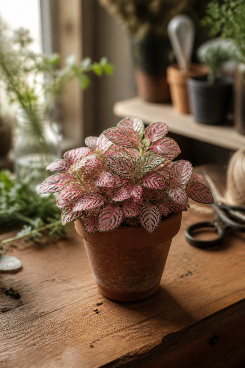 Fittonia nerve plant with pink and white veined leaves in a small pot