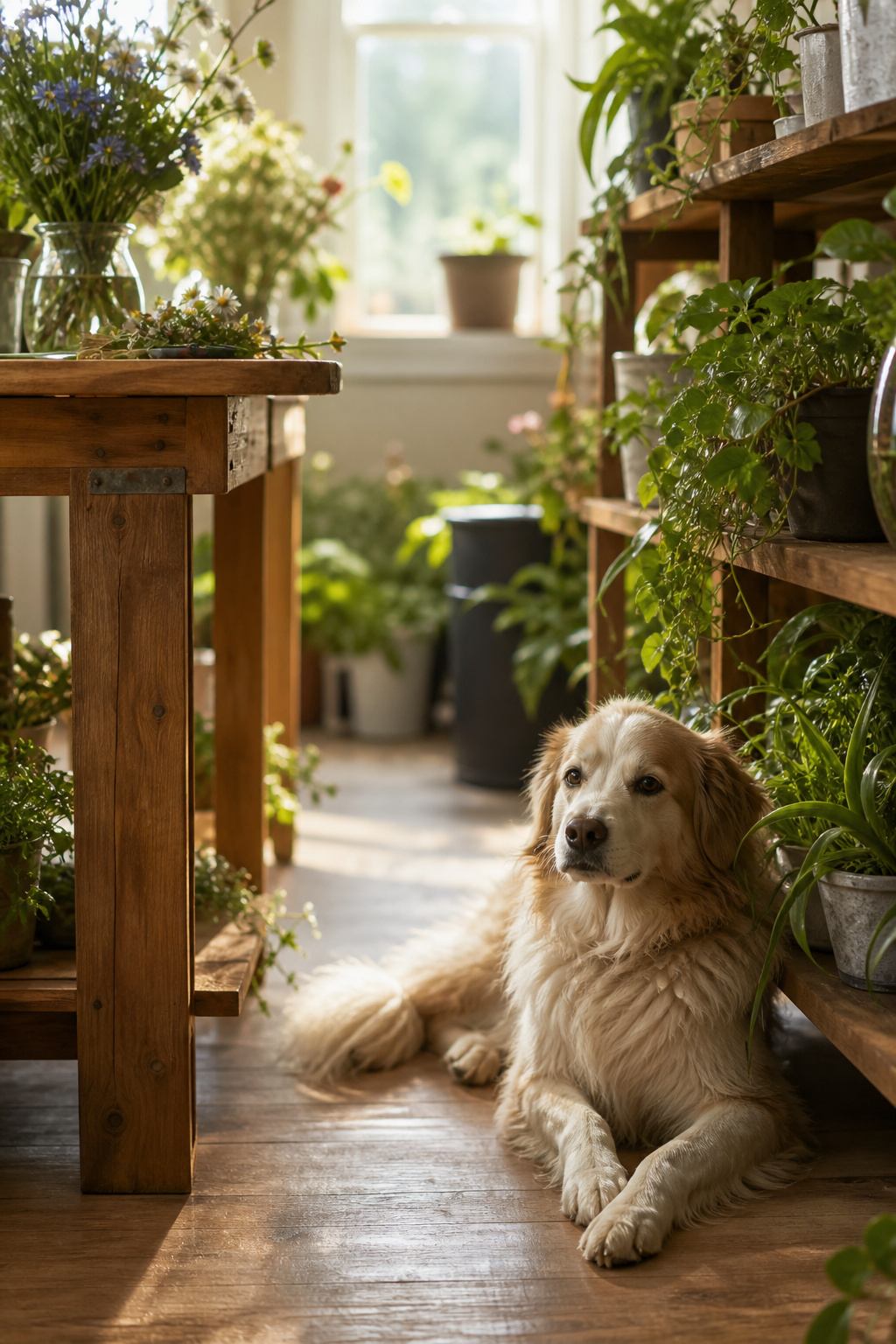 A dog resting calmly near houseplants, illustrating pet plant safety awareness