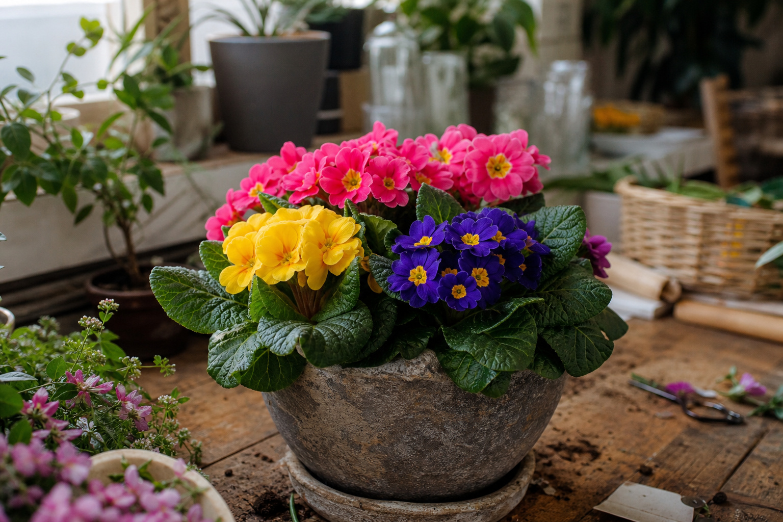 Potted primrose plant with colorful blooms on a florist's worktable
