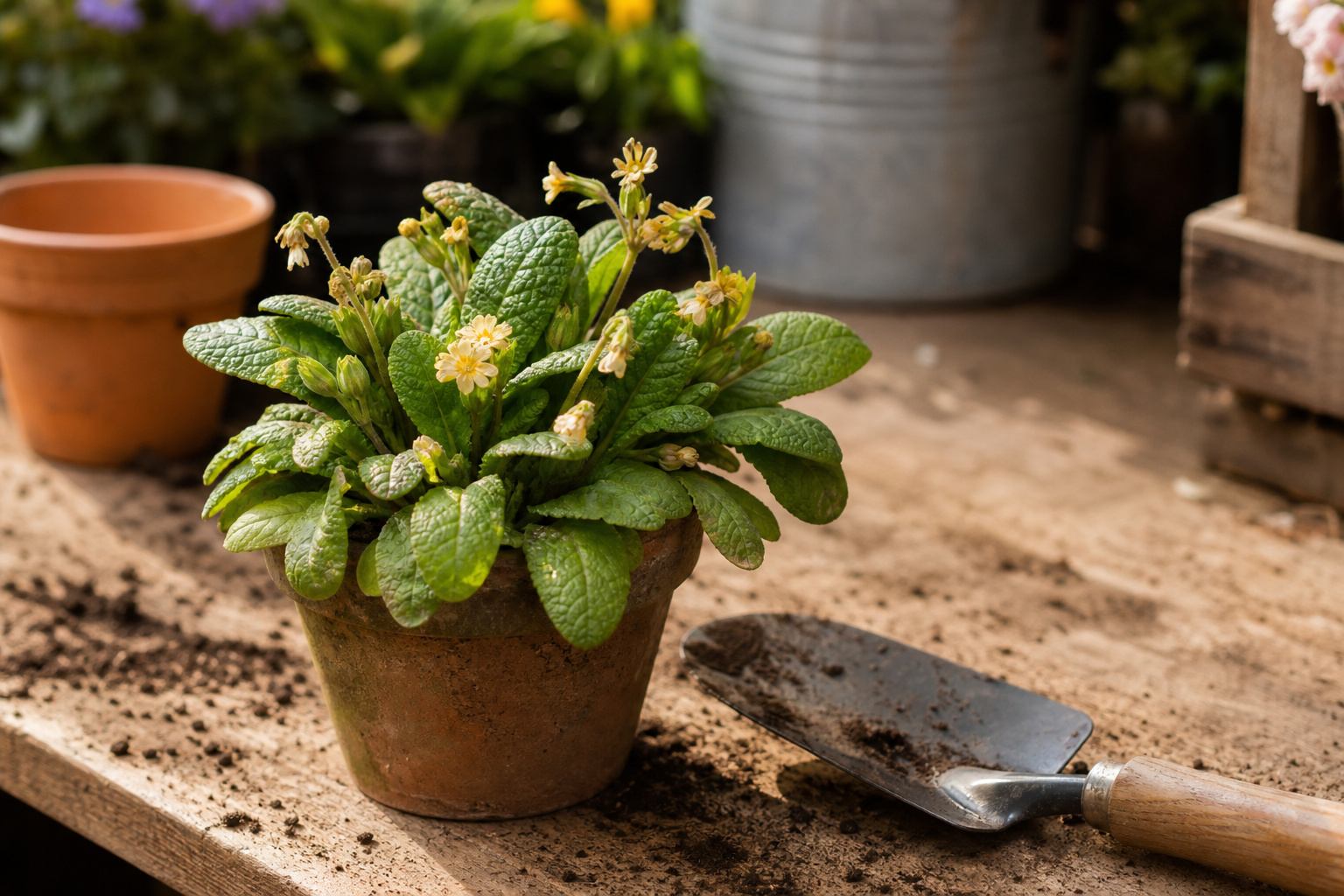 Primrose plant past bloom next to a garden trowel, ready for transplanting