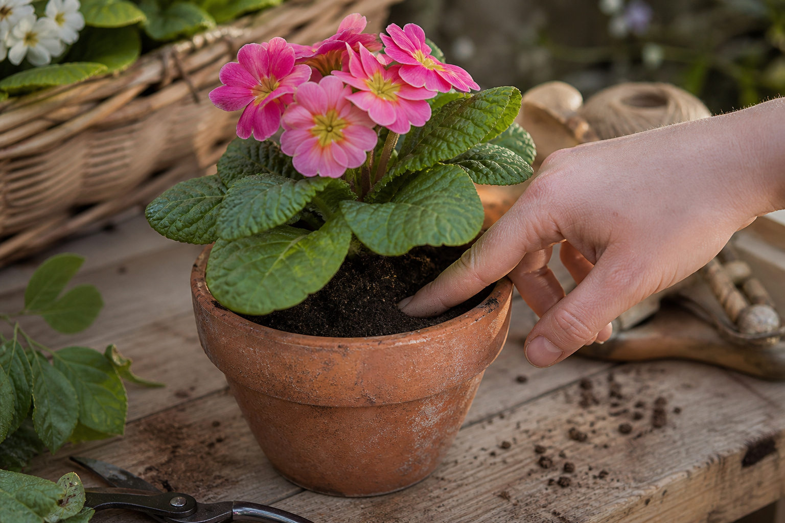 Checking primrose soil moisture with a fingertip before watering