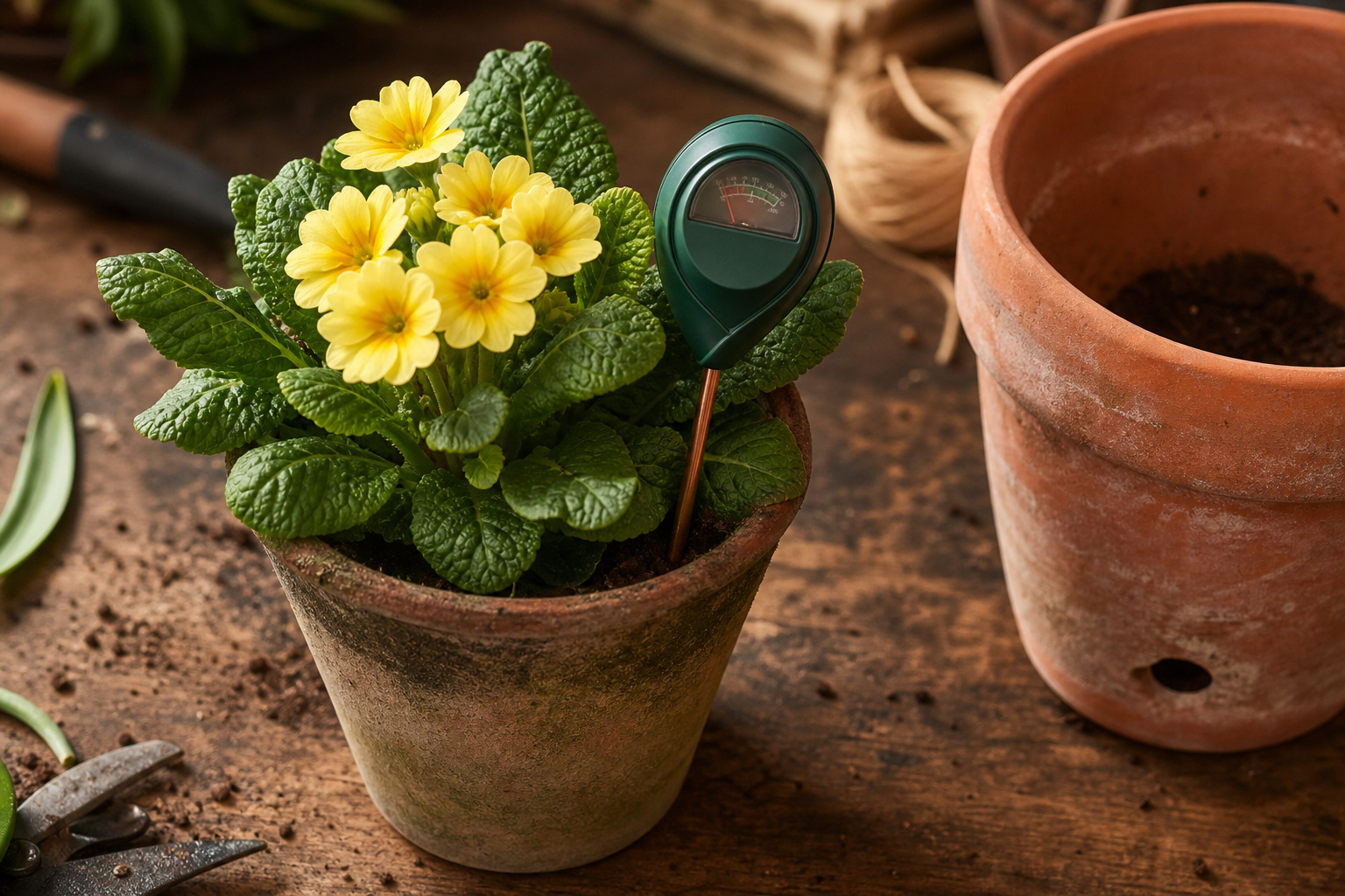 Soil moisture meter and drainage cachepot used for primrose care