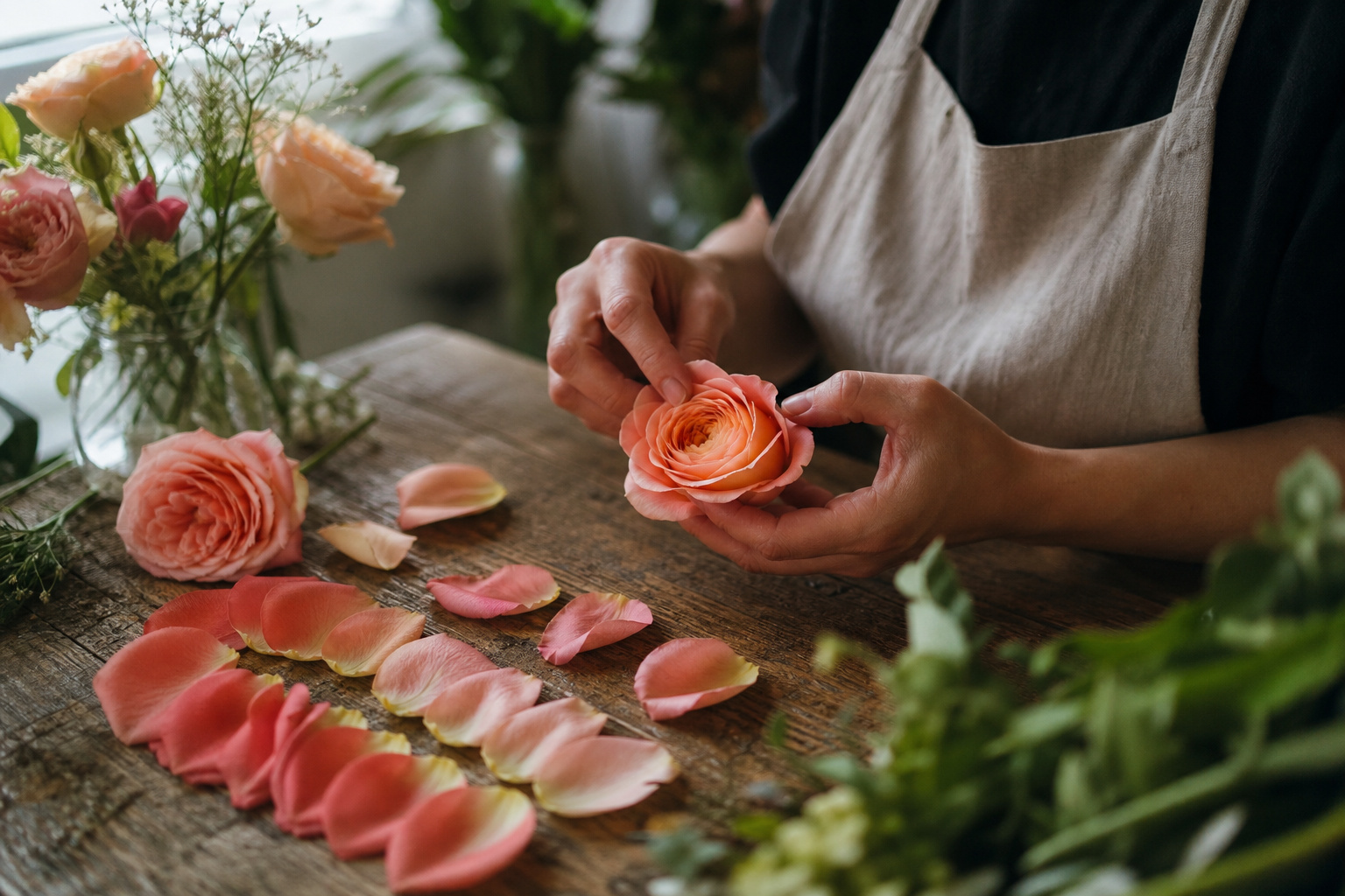 Florist assembling a composite flower from rose petals on a wooden worktable