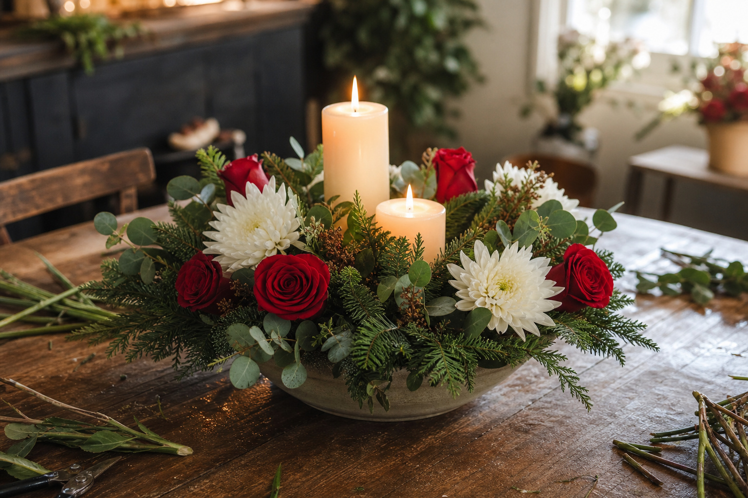 Low holiday centerpiece with red roses, chrysanthemums, fir greenery, and pillar candles on a wooden dining table