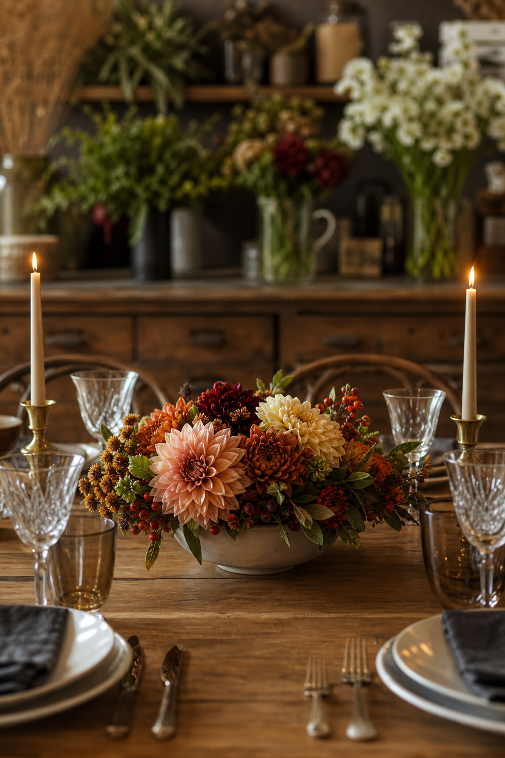 Low fall floral centerpiece on a dining table with clear sightlines across the table for conversation