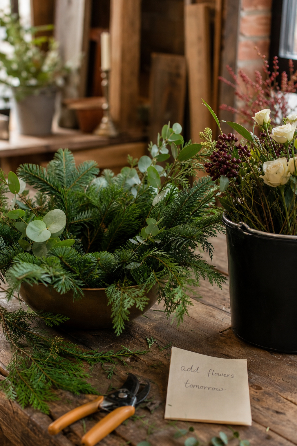 Holiday centerpiece greenery base built in advance with fresh flower stems conditioning in water beside it