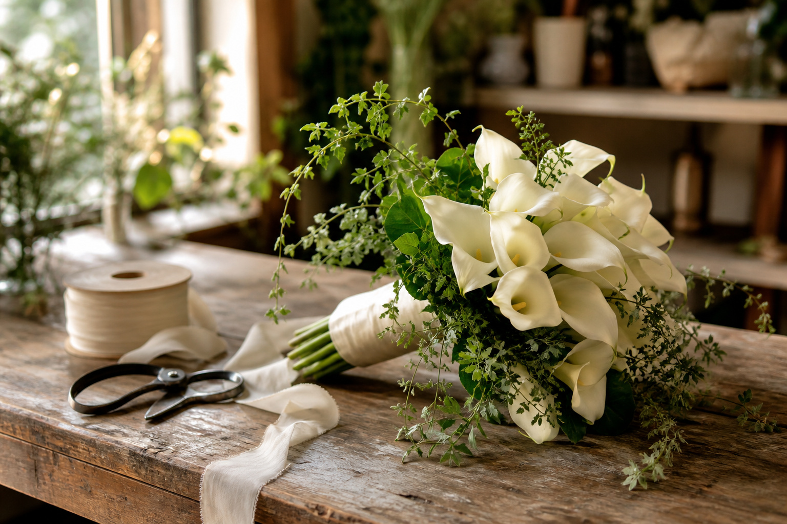 White calla lily bridal bouquet resting on a wooden florist worktable