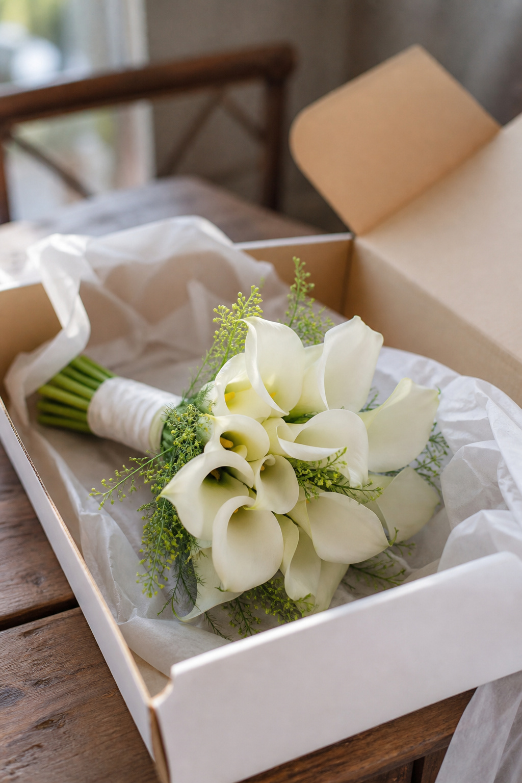 A boxed premade calla lily bridal bouquet arrangement freshly unpacked on a table
