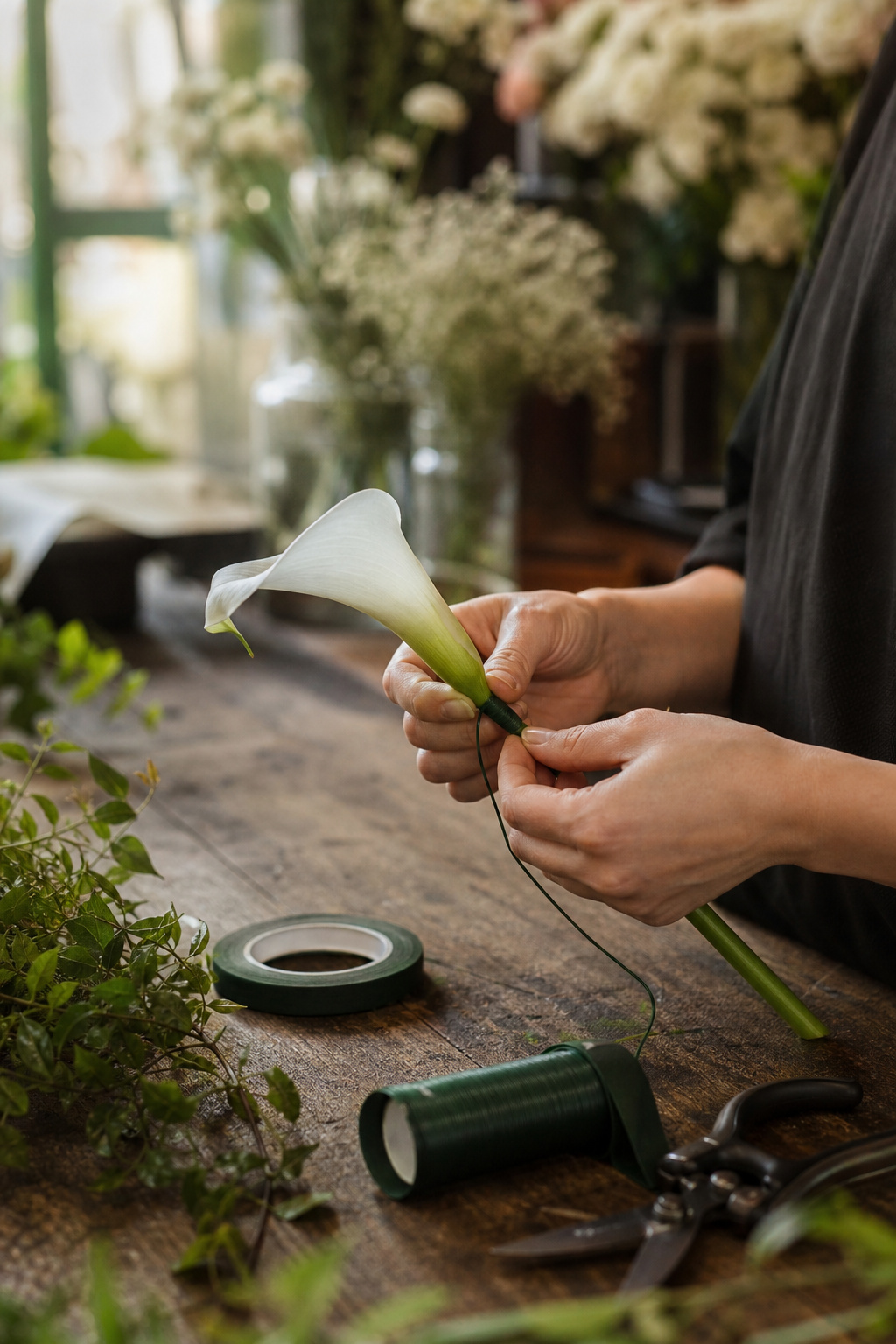 Florist hands wiring a calla lily stem at a worktable with tools laid out