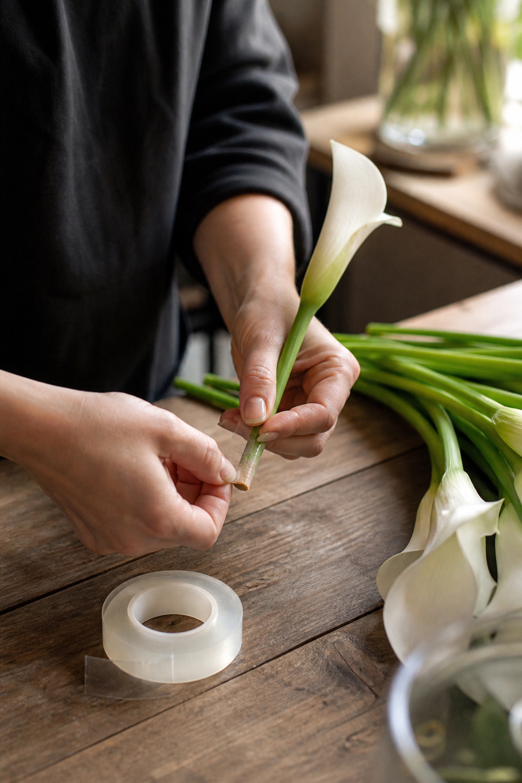 Hands wrapping clear waterproof tape around the cut end of a calla lily stem