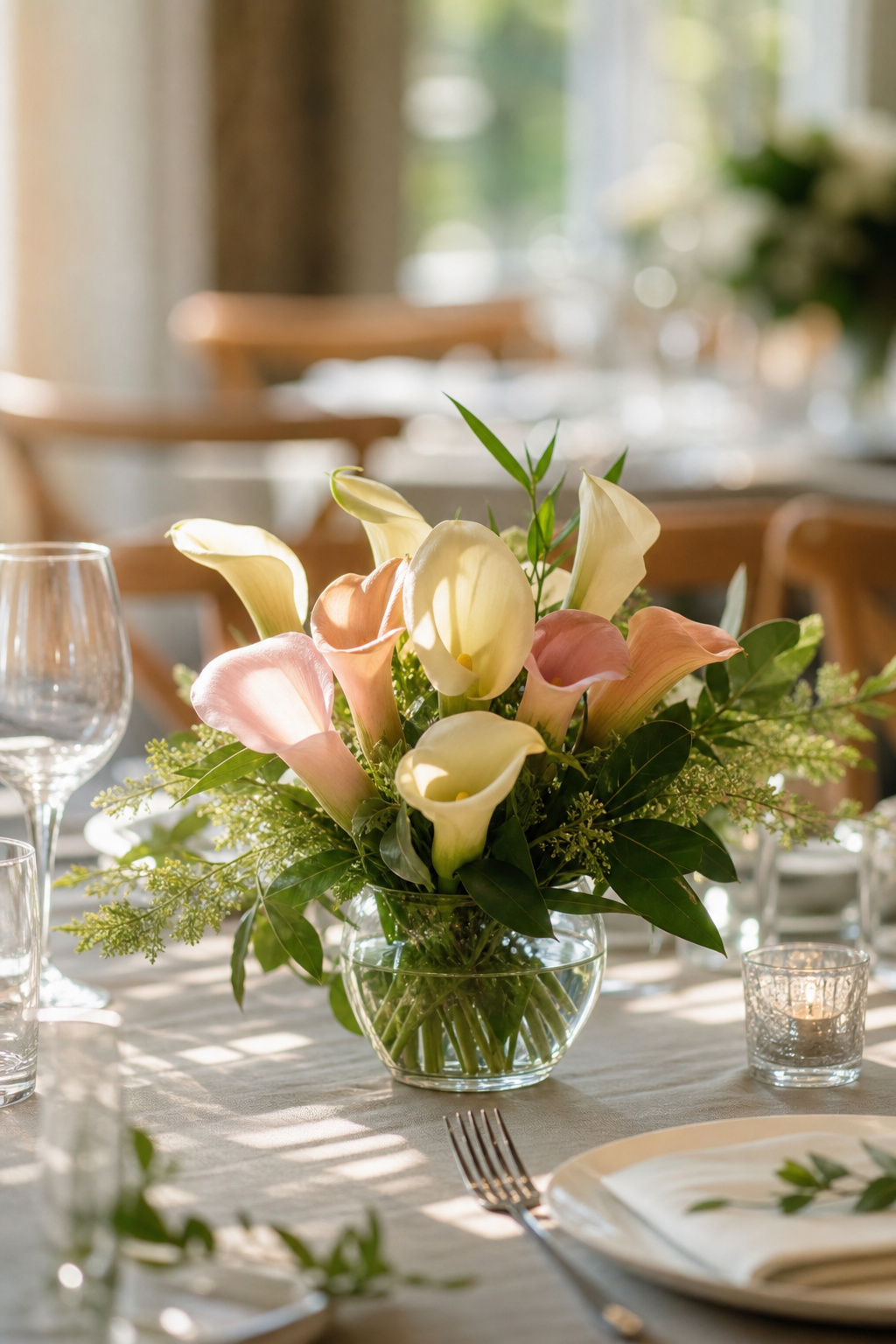 Small mini calla lily centerpiece arrangement in a low vase on a table