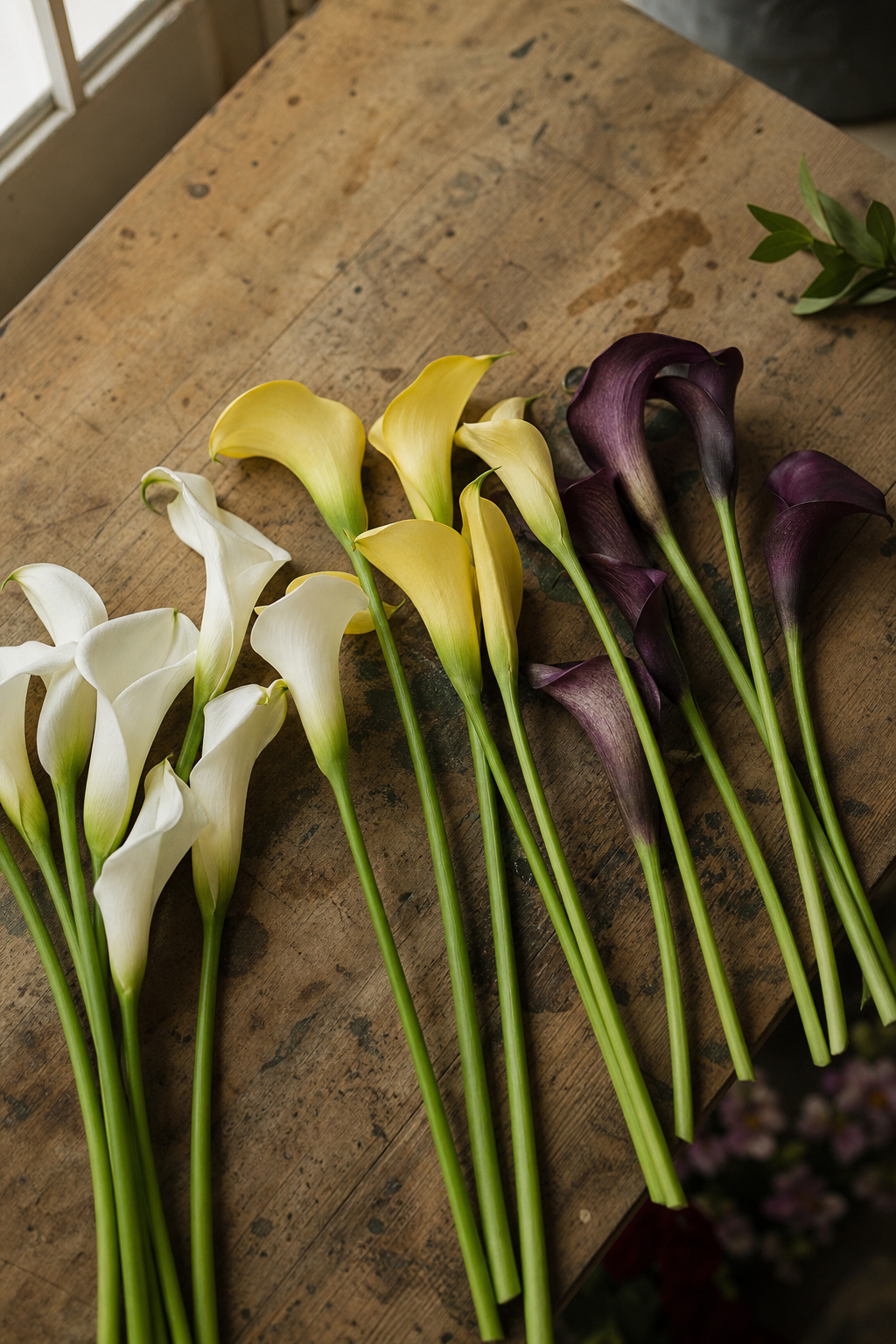 Assorted calla lily stems in white, yellow, and purple laid out on a wooden bench
