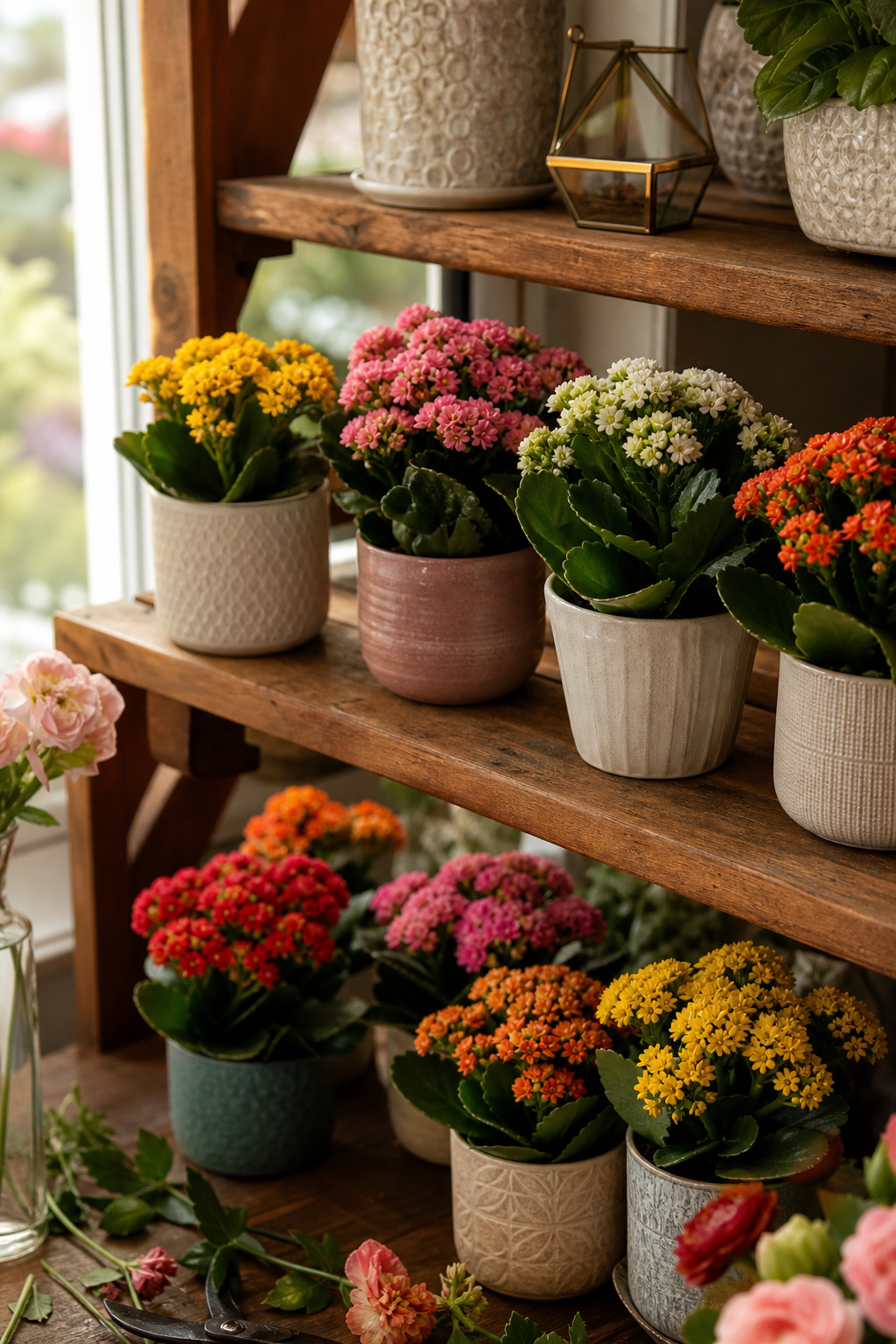 Rows of healthy blooming kalanchoe plants at a florist shop