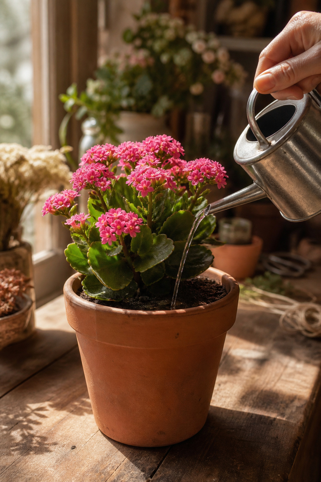 Kalanchoe plant on a sunny windowsill being watered