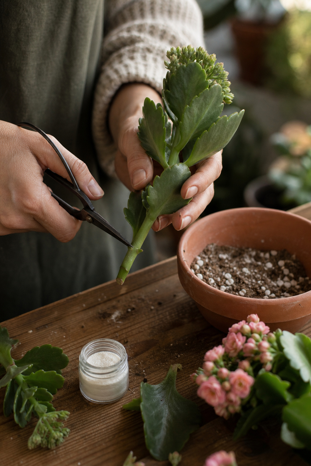 Kalanchoe stem cutting being prepared for propagation