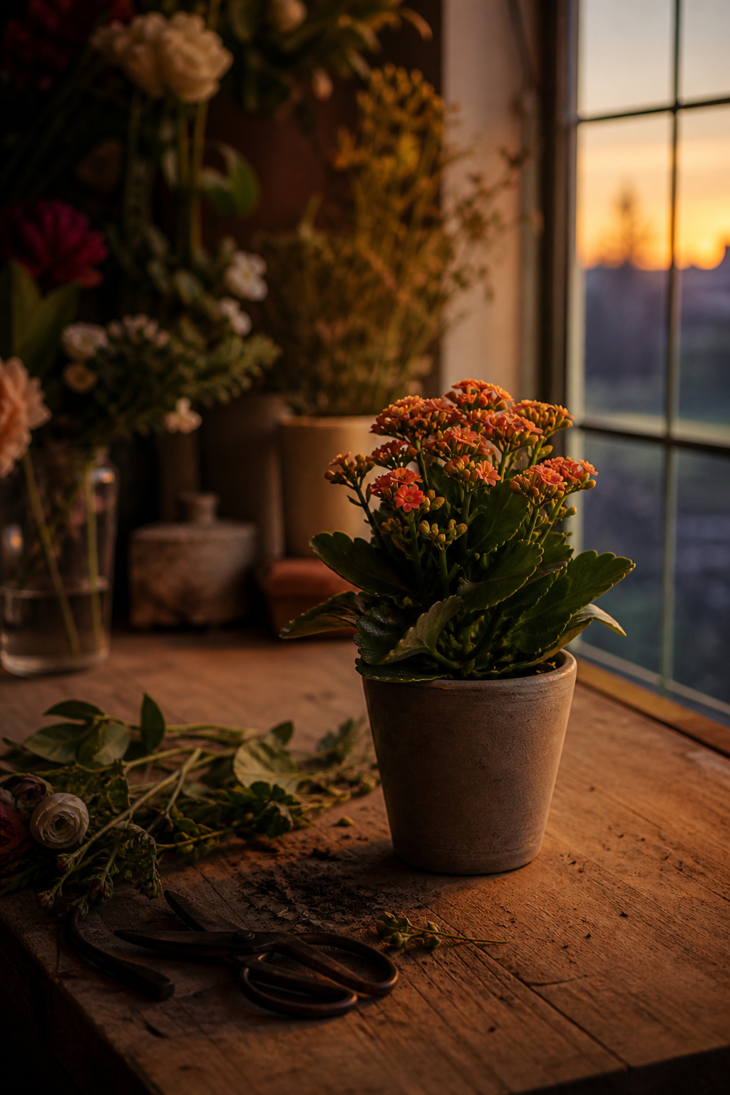 Kalanchoe plant beside a window at dusk
